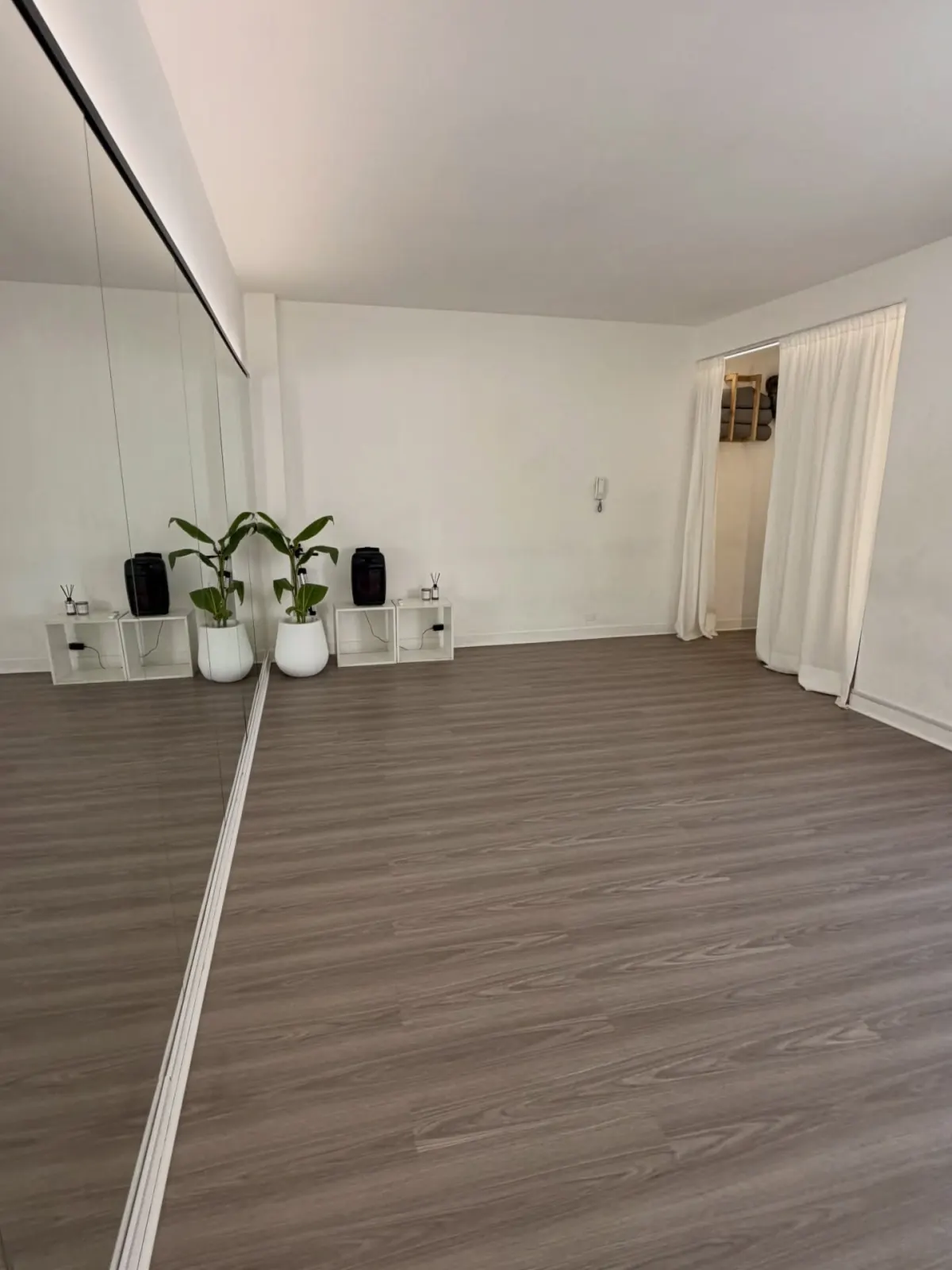 Rincón de la sala con espejo, plantas y cortinas blancas